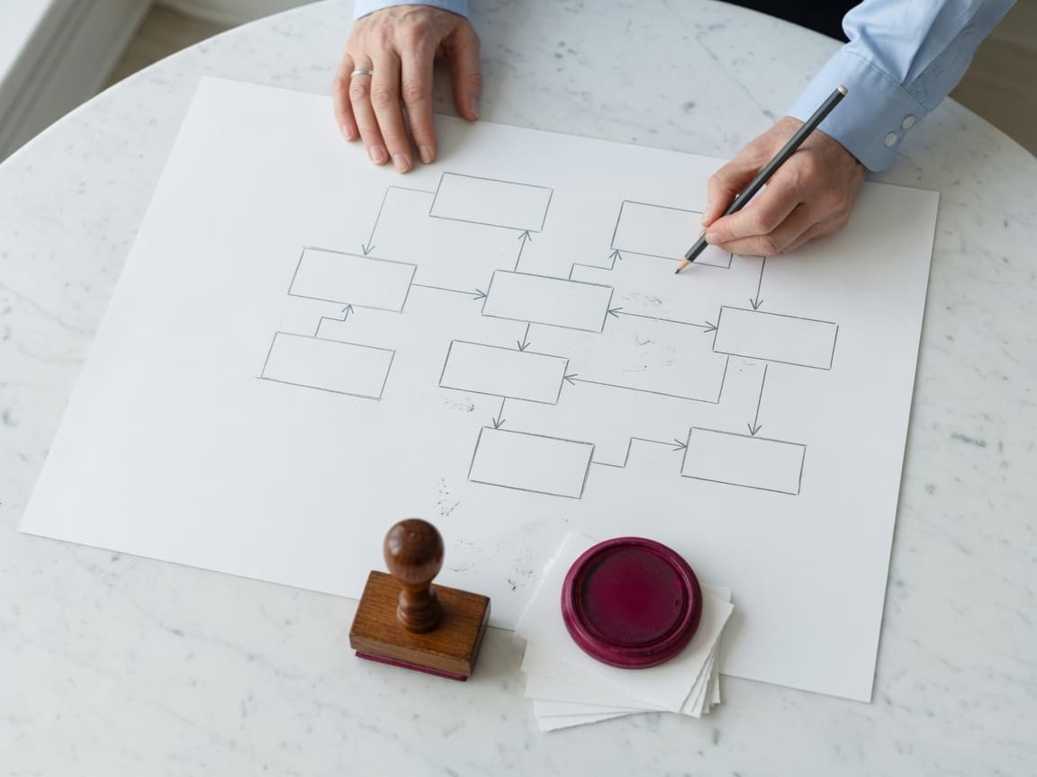 A consultant mapping a workflow on paper, graphite pencil in hand, magenta stamp at the edge of the sheet.