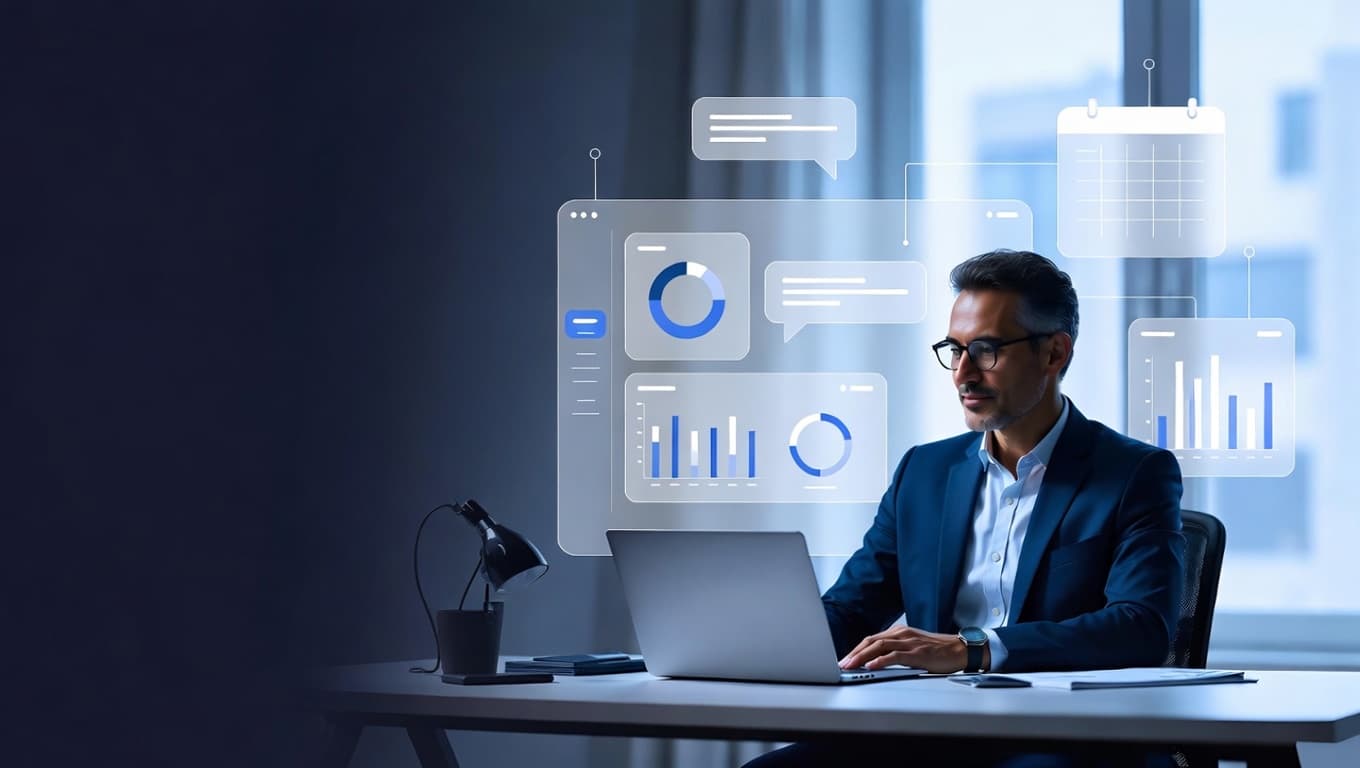 Business professional using Orchelix AI agents with analytics overlays